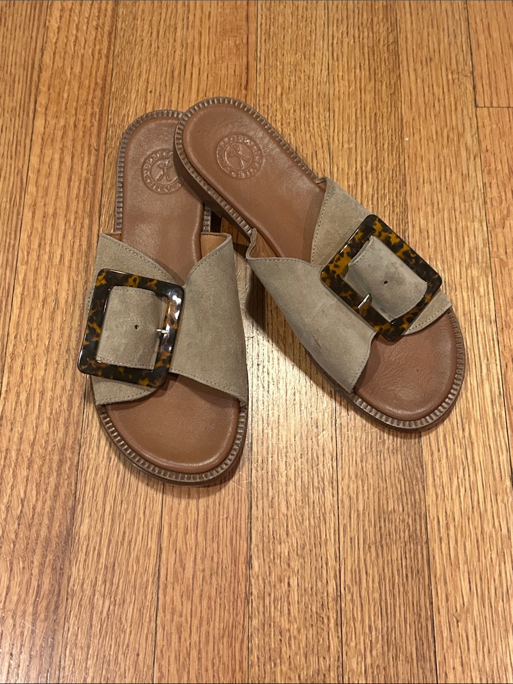 Penelope Chilvers Taupe Suede Slide Sandals with Tortoiseshell Buckles
